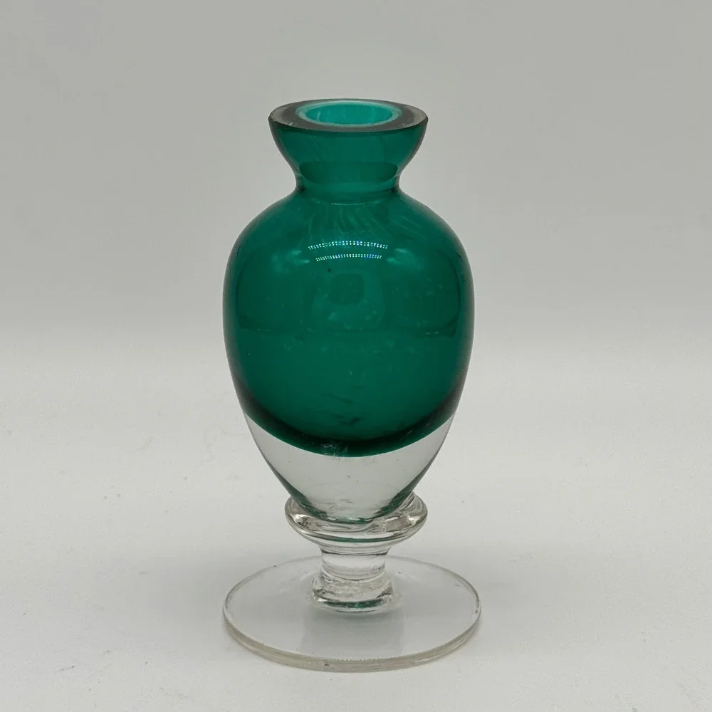 Vintage Blown Glass Bud Vase Emerald Green Clear Footed Baluster 5.5